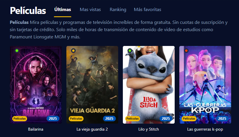 Captura de pantalla de la interfaz de usuario de StreamM4U, mostrando pel&iacute;culas y series en alta definici&oacute;n y sin necesidad de registro.